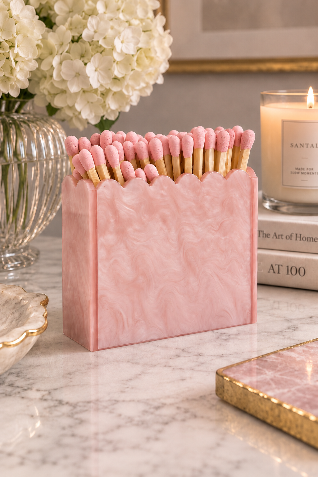 Pink Pearl Scalloped Acrylic Match Holder with 3-Inch Matches