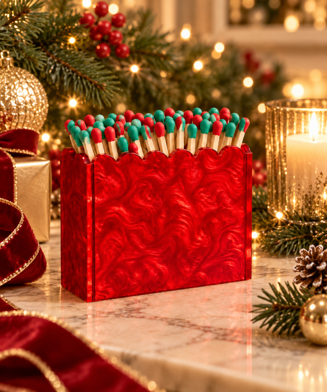 Christmas Edition | Red Pearl Scalloped Acrylic Match Holder with 3-Inch Matches