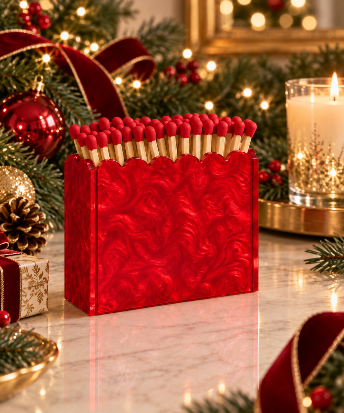 Christmas Edition | Red Pearl Scalloped Acrylic Match Holder with 3-Inch Matches