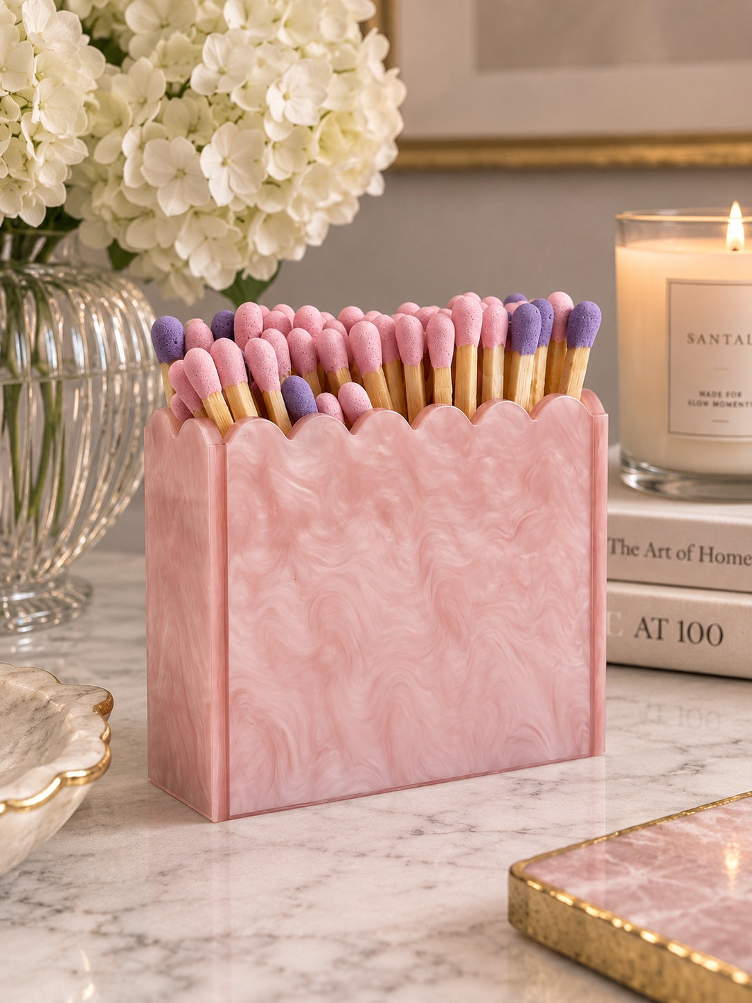 Pink Pearl Scalloped Acrylic Match Holder with 3-Inch Matches