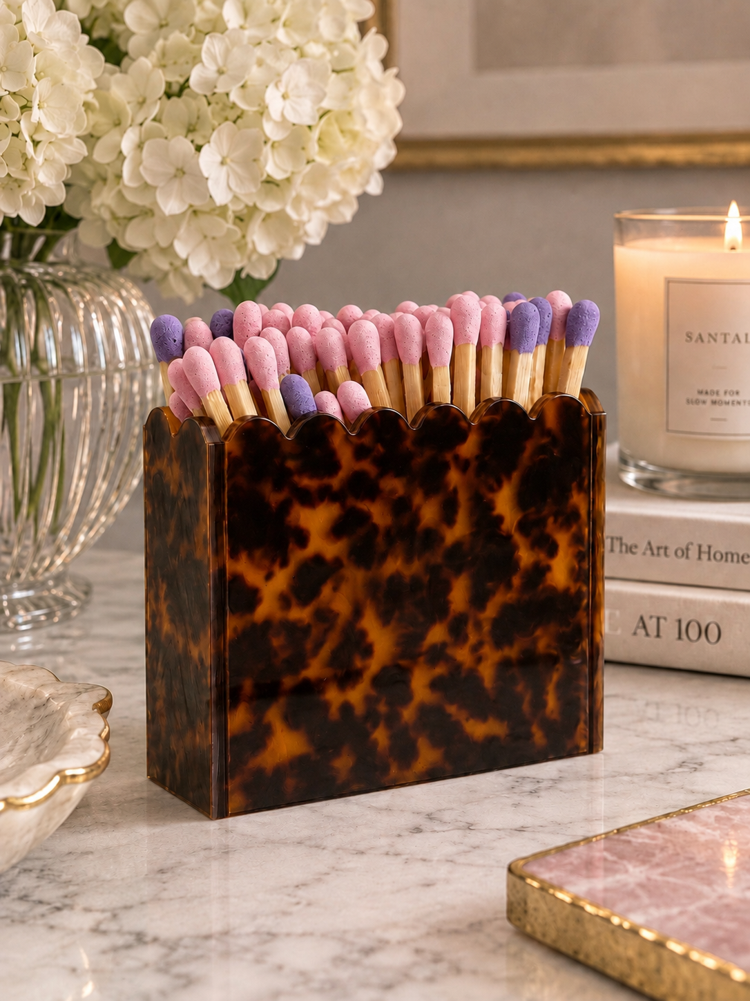 Tortoiseshell Scalloped Acrylic Match Holder with 3-Inch Matches