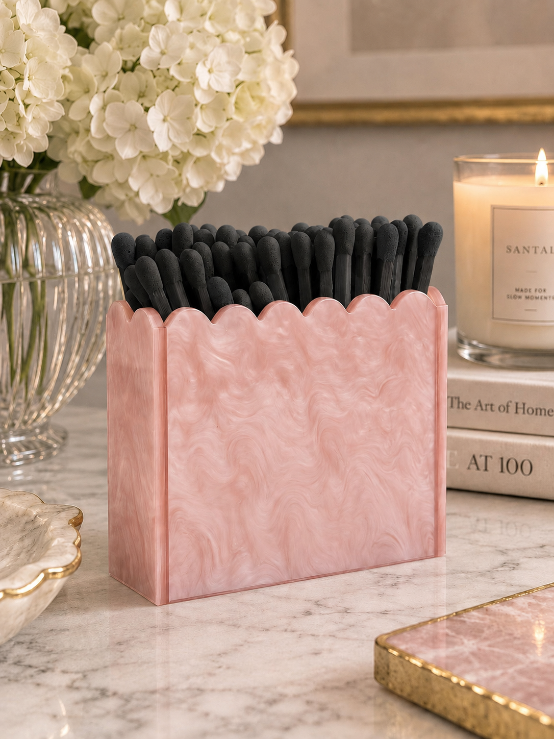 Pink Pearl Scalloped Acrylic Match Holder with 3-Inch Matches