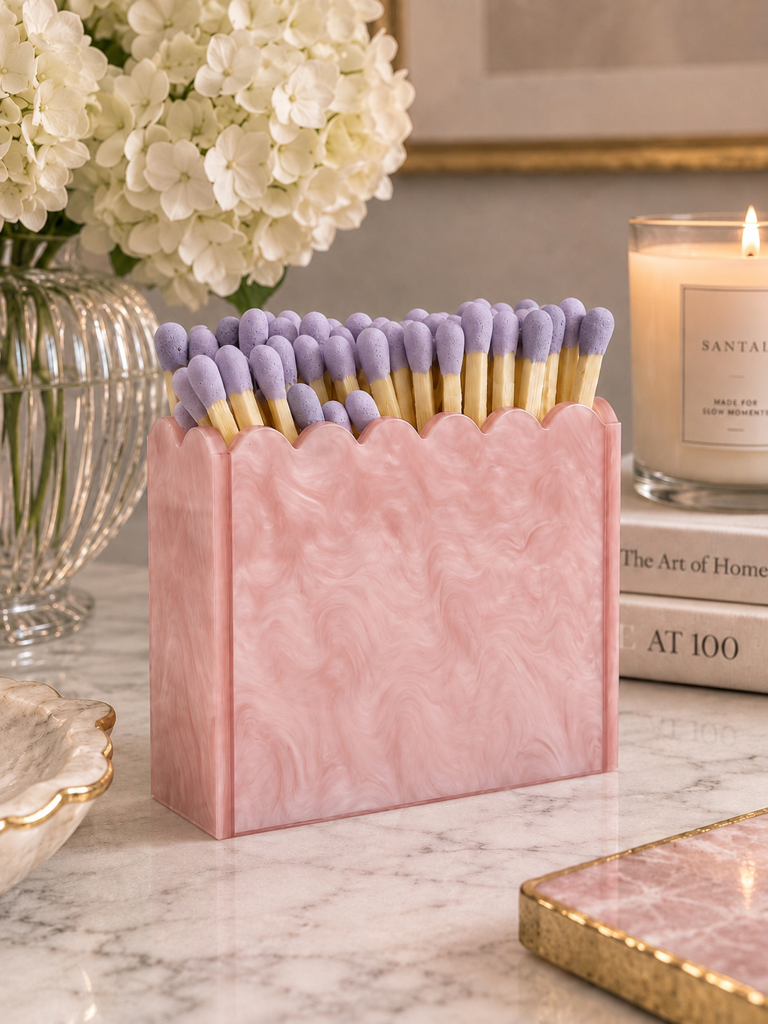 Pink Pearl Scalloped Acrylic Match Holder with 3-Inch Matches