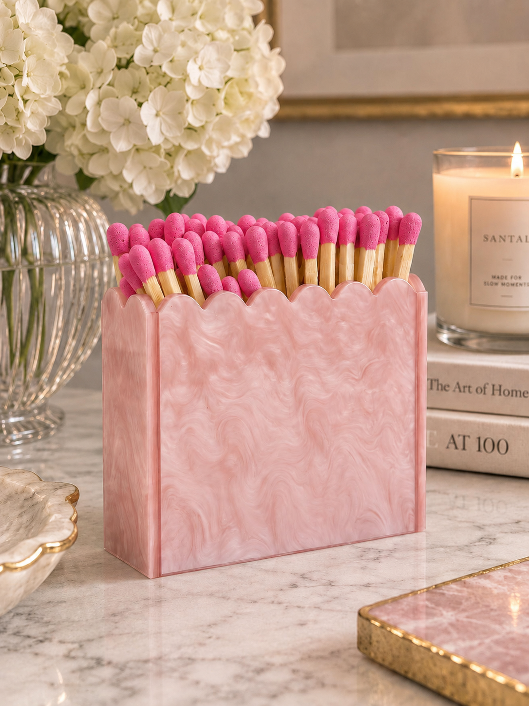 Pink Pearl Scalloped Acrylic Match Holder with 3-Inch Matches