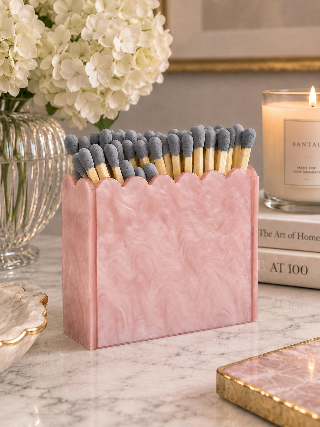 Pink Pearl Scalloped Acrylic Match Holder with 3-Inch Matches