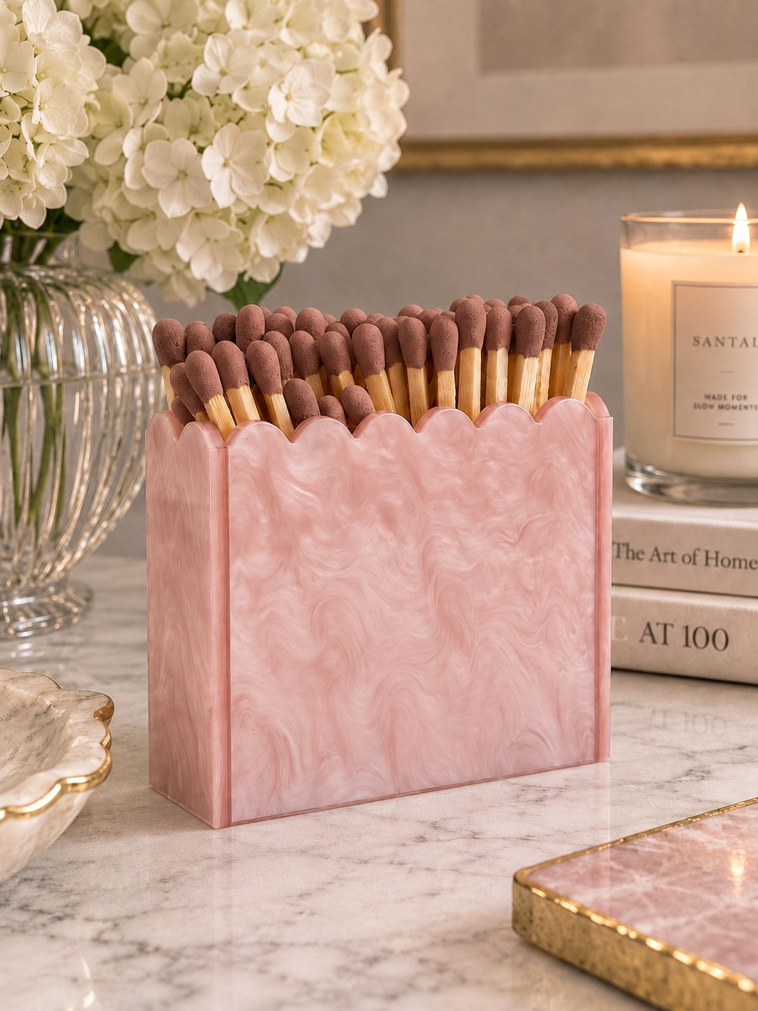 Pink Pearl Scalloped Acrylic Match Holder with 3-Inch Matches