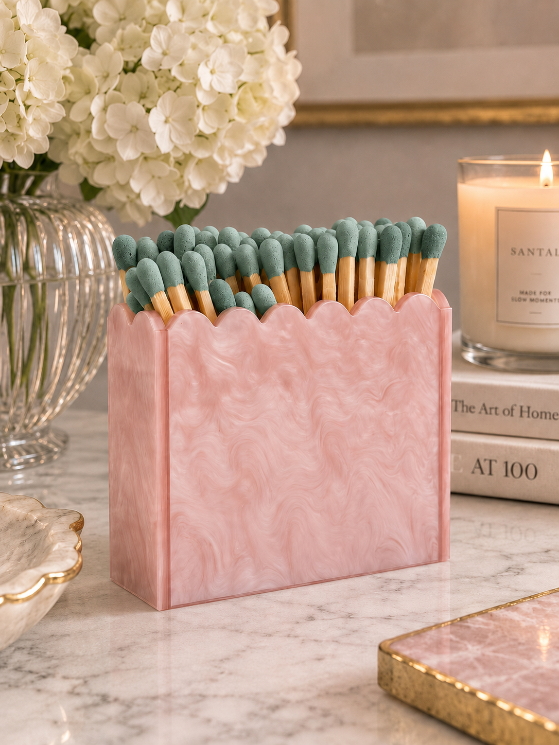 Pink Pearl Scalloped Acrylic Match Holder with 3-Inch Matches