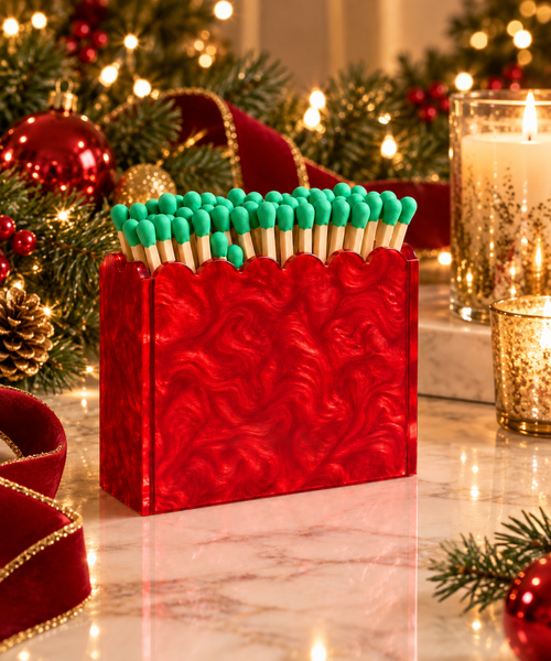 Christmas Edition | Red Pearl Scalloped Acrylic Match Holder with 3-Inch Matches