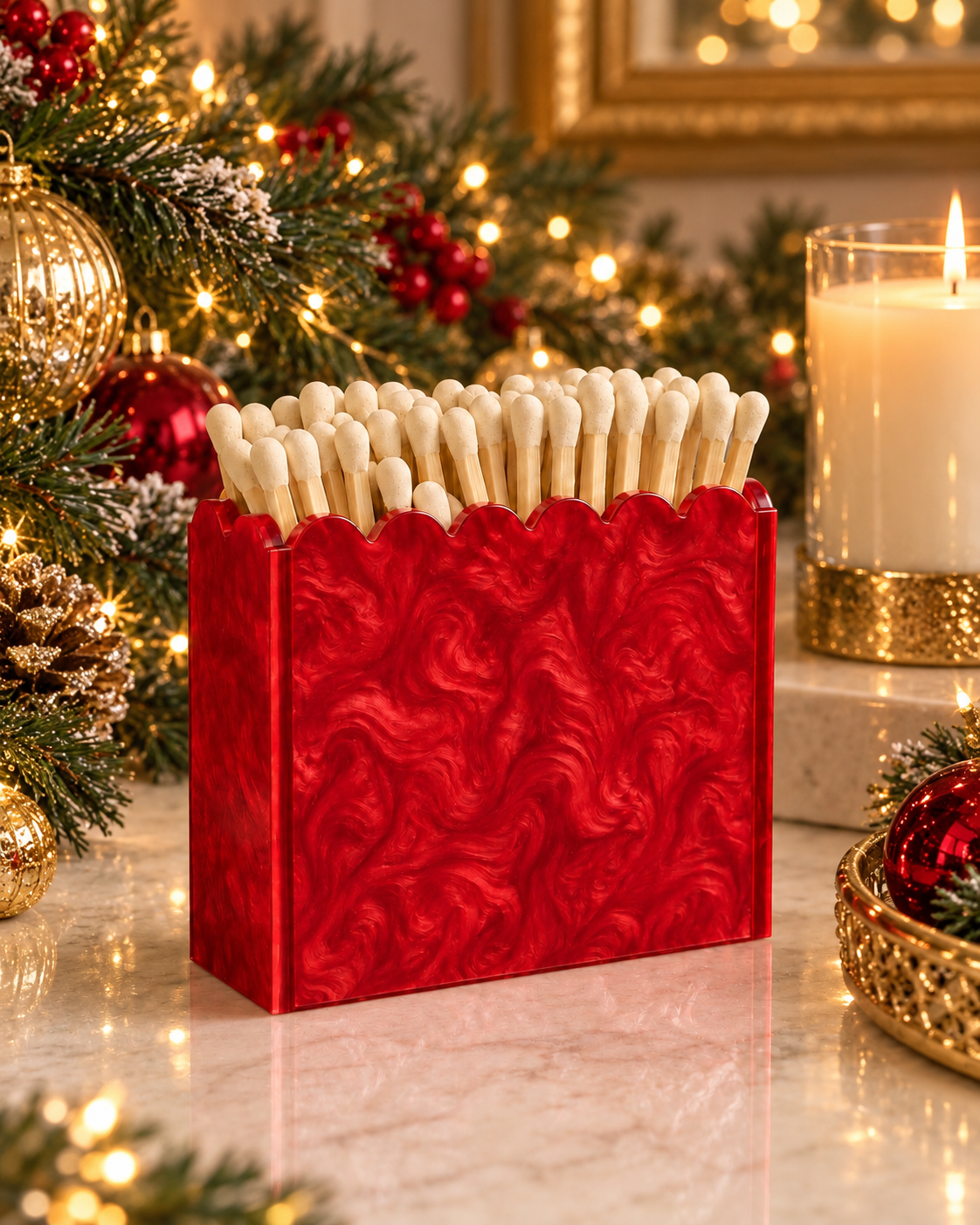 Christmas Edition | Red Pearl Scalloped Acrylic Match Holder with 3-Inch Matches